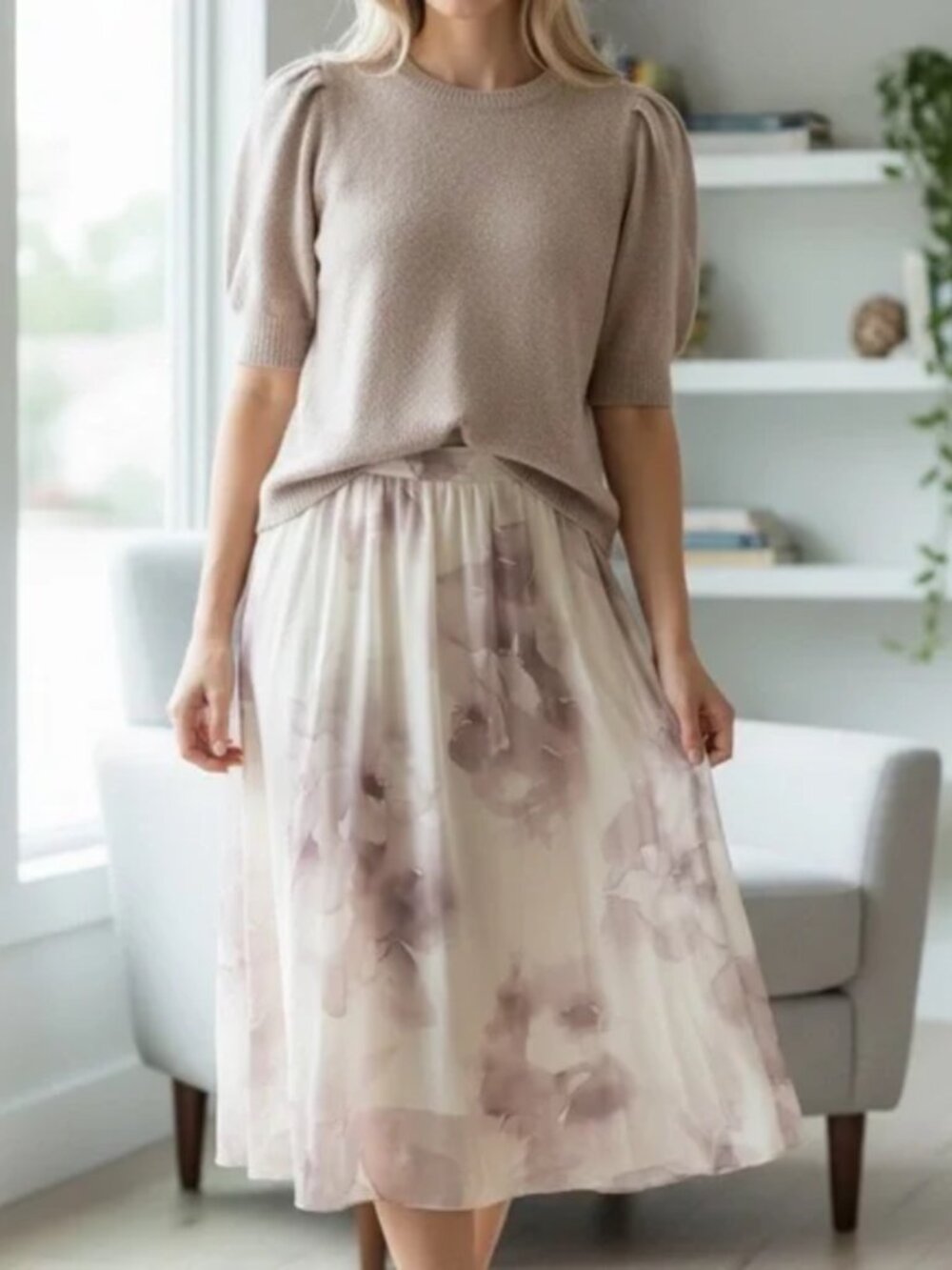 Rachel Zoe Matching Set Floral Midi Skirt in Cream and Blush Women's Size Small